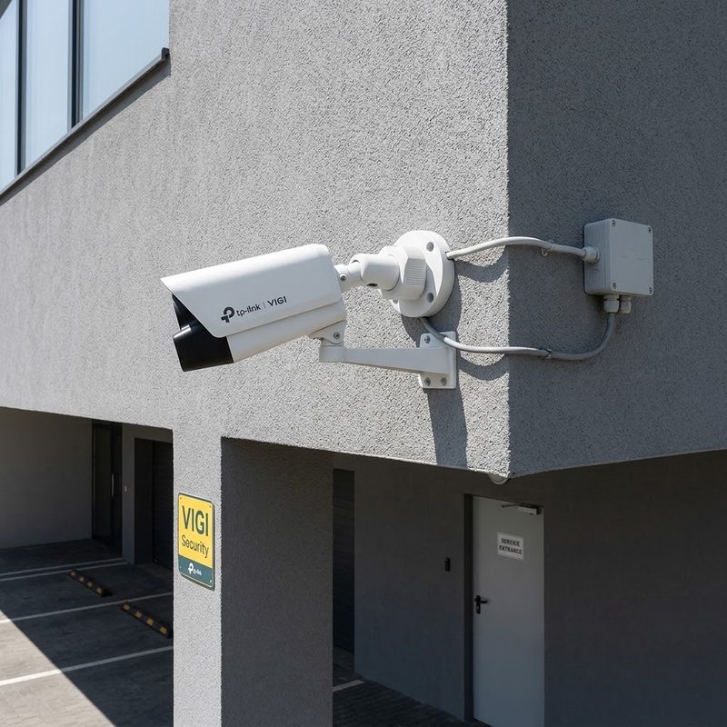 Caméra de vidéosurveillance TP-Link VIGI fixée sur une façade