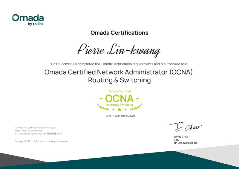 Certificat TP-Link Omada Certified Network Administrator, filière Routing & Switching, délivré à Pierre Lin-kwang, valable jusqu’au 1er octobre 2029