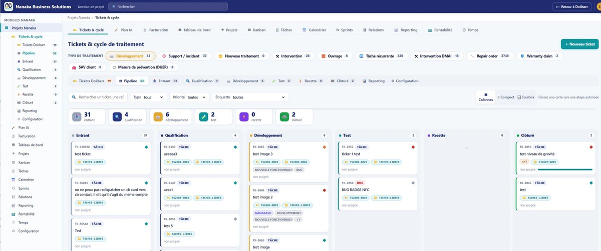 Module Projets Nanaka dans Dolibarr : tableau kanban des tickets, de l’entrée à la clôture