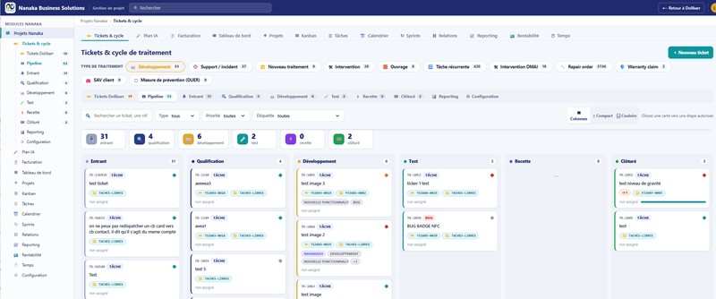Module Projets Nanaka dans Dolibarr : tableau Kanban des tickets