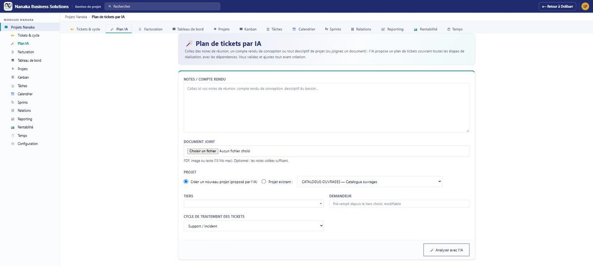 Écran Plan de tickets par IA de NANAKA Projet : zone de notes de réunion, document joint, choix du projet, du tiers et du cycle de traitement