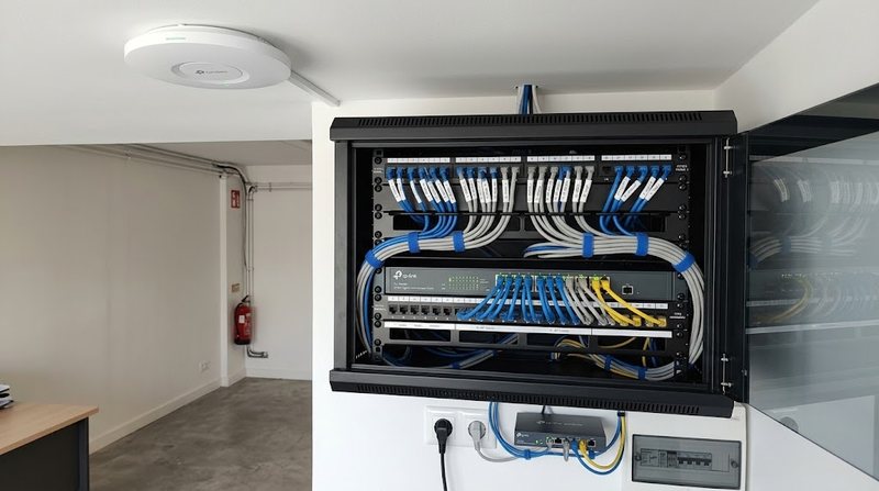Borne Wi-Fi Omada au plafond et coffret réseau TP-Link câblé